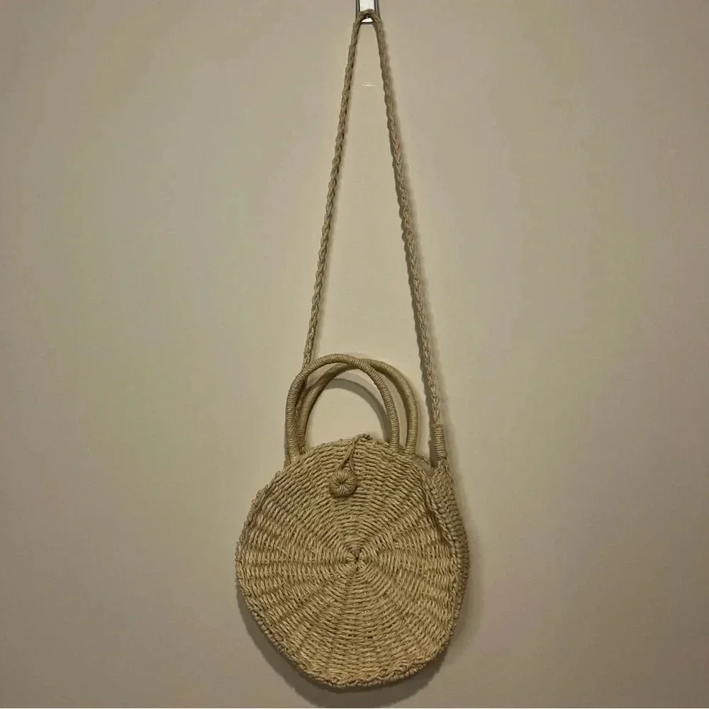 Beachy Boho Natural Woven Round Straw Satchel Crossbody Bag